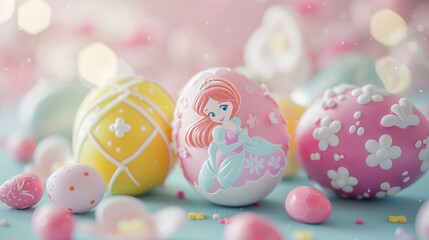 Fototapeta premium Easter eggs painted in pastel colors and little girl, Easter eggs and little girl.