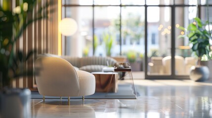 A modern hotel lobby featuring a cozy seating area with plush chairs and natural light streaming through large windows, creating a welcoming atmosphere.
