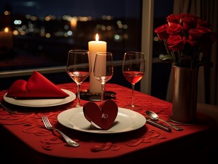 Table set for two with red roses and candles, table set for romantic dinner with candle and roses.