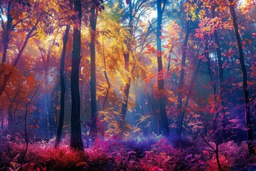Obraz premium Magical autumnal forest scene with vibrant foliage and misty ambiance