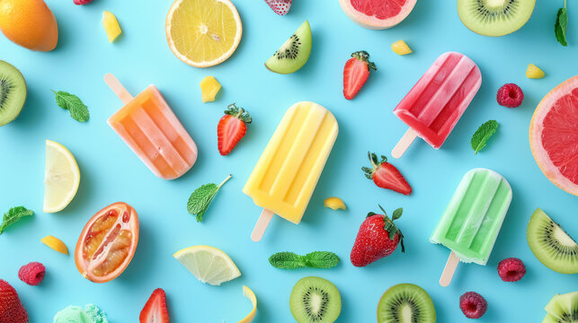 colorful popsicle ice creams with fresh fruits on a vibrant blue background