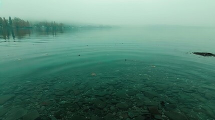  Foggy lake with rocky center and distant trees