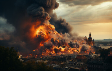 Fototapeta premium Dramatic view of a large burning fire in the city.