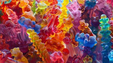 A colorful assortment of gummy bears candy, soft and chewy, showcased in a playful and enticing arrangement