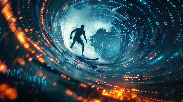 Businessman surfing the digital wave of binary numbers, a silhouette symbolizing navigating the digital world
