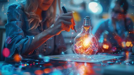 Woman brainstorming creative ideas with a glowing lightbulb on the desk, symbolizing innovation, inspiration, and imaginative thinking.