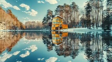   A yellow house perched atop a serene lake, nestled amidst a verdant forest brimming with towering trees on a bright summer's day