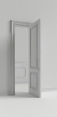White door open on both sides, White door open on white wall. 3d illustration.