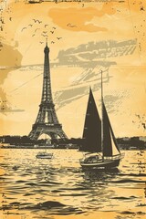 Vintage postcard, Summer Olympic Games, sailing, sailboats on the background of the Eiffel Tower, landmarks and city panorama, free space for text