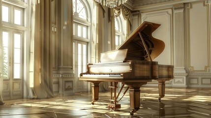 Grand piano standing in empty room, Grand piano in classic room.
