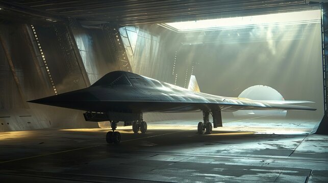 Fighter jet sits inside hangar, The X-47B is stealthy aircraft that can carry large payload.