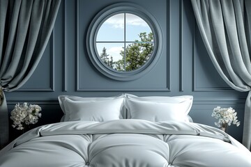 Elegant bedroom with neutral tones, soft natural lighting, and luxurious bedding, creating a tranquil and sophisticated environment for restful sleep