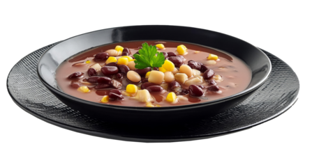Bean and corn soup or ragout on black plate isolated on transparent background