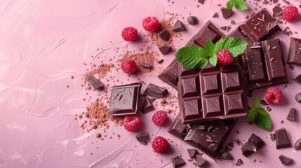 horizontal banner, tiles and crumbs of different chocolate with raspberries and mint leaves, sprinkled with cocoa pink texture background, confectionery factory, sweet life, free space for text
