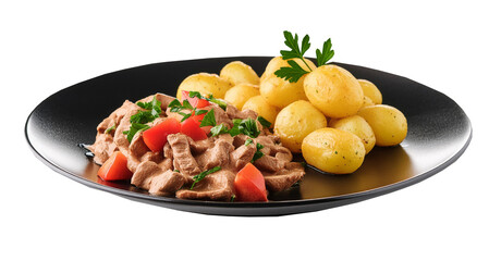 Fried beef stroganoff with potatoes and vegetables on black plate isolated on transparent background