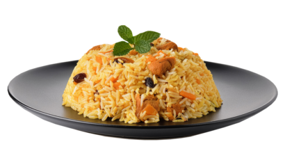 Kabuli pulao (luxurious pilaf) on black plate isolated on transparent background