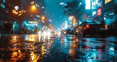 Fototapeta premium Traffic on a wet street at night in the City.