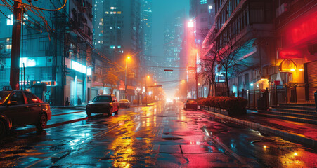 Traffic on a wet street at night in the City.