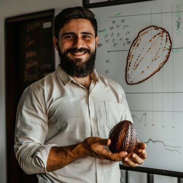 A man holds a cocoa fruit bean in his hand. Scientist. economist. increase in cocoa prices. Food. statistics. chocolate
