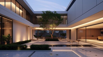 Fototapeta premium Modern archivolts with sleek lines frame a serene courtyard, enveloped in soft lighting, blending architecture and tranquility.