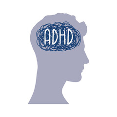 ADHD Attention disorder vector illustration of humans head silhouette with messy lines of thinks. Mental disorder icon