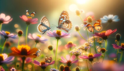 Butterflies on Colorful Wildflowers in Sunlit Meadow