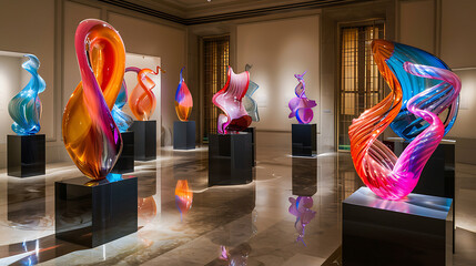 a captivating collection of colorful glass sculptures, elegantly displayed on pedestals within an art gallery setting