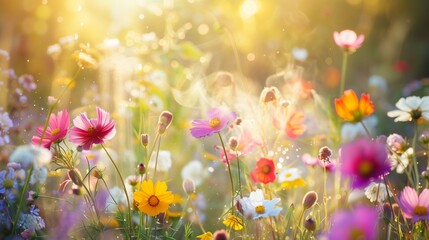 Fototapeta premium A vibrant meadow with essential oils scatters a fragrant mist, creating an enchanting atmosphere.