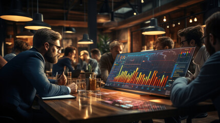 In a modern bar setting, professionals engage with a floating 3D holograph of financial charts and data
