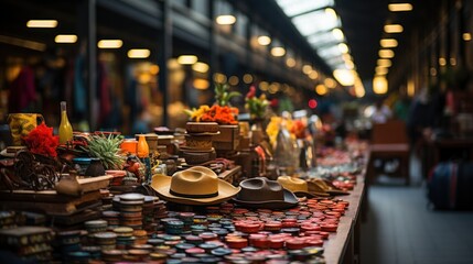 A vibrant market scene featuring a diverse range of goods from clothing to pottery, creating a rich tapestry of colors and shapes