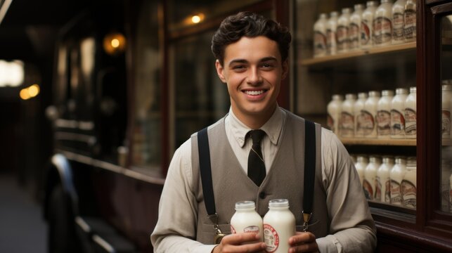 A happy young milkman in a vintage outfit delivers fresh milk with a bright smile in an old-fashioned setting