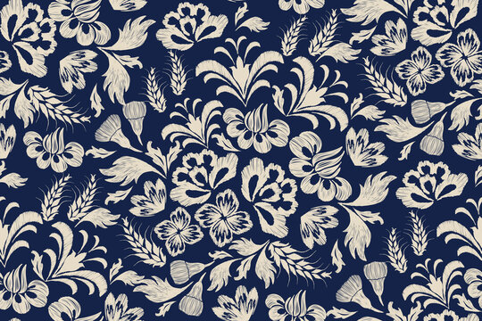 Pattern floral seamless vector embroidery texture indigo navy blue white flower motif paisley ethnic abstract vector illustration vintage design for fabric wallpaper print template.