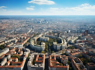 Obraz premium Aerial city view with crossroads and roads, houses, buildings, parks and parking lots. Sunny summer panoramic image.