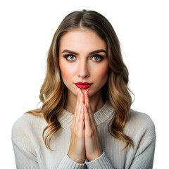Naklejka premium A woman with long brown hair and red lipstick is praying