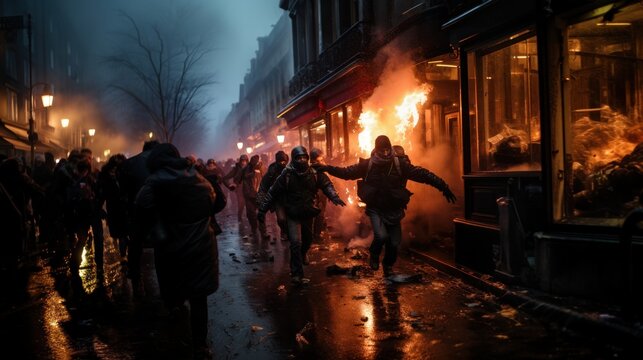 Protestors confront a crisis amidst smoke and fire in a moody urban setting, highlighting civil unrest