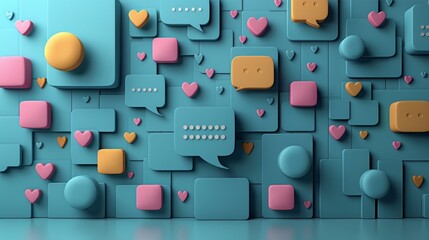Vivid image of multitude of small chat bubbles with heart symbols, delightful and engaging visual