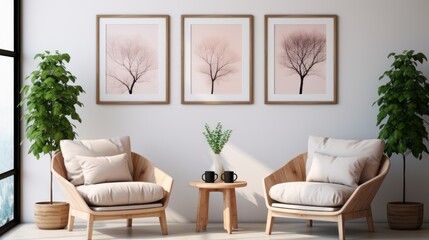 A serene and stylish living area with comfortable chairs, wall art, and indoor plants