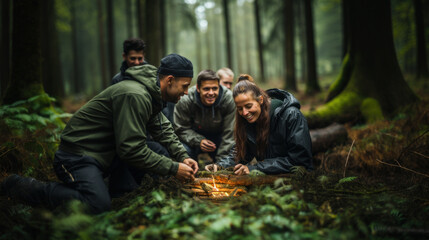 A group of friends engages in teamwork to build a campfire in a misty forest, symbolizing adventure, friendship, and outdoors experience