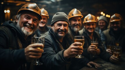 Obraz premium Group of cheerful miners in hard hats toast with beer glasses in a dimly lit bar