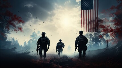 Fototapeta premium Digital art of soldiers marching with American flag in the background amid battle-damaged setting and dramatic sky
