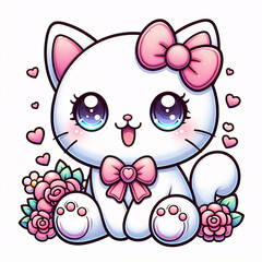 Adorable Cartoon Kitten with Flowers