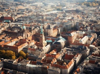 Fototapeta premium Aerial city view with crossroads and roads, houses, buildings, parks and parking lots. Sunny summer panoramic image.