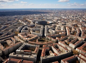 Aerial city view with crossroads and roads, houses, buildings, parks and parking lots. Sunny summer panoramic image.