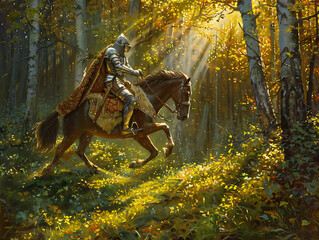 
A detailed painting of a medieval knight riding a horse, the knight's armor gleaming under the bright midday sun