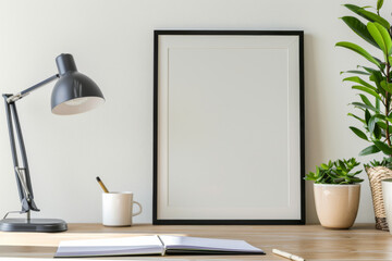 Mockup of Desk with Lamp, Empty Vertical Poster Frame, Notebook, Pen Holder, and Green Plants in Pots for a Modern, Minimalist Workspace - Aspect Ratio 3:4 or 9:16