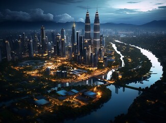 Naklejka premium Futuristic city with a blue sky and clouds