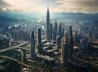 Naklejka premium Futuristic city with a blue sky and clouds