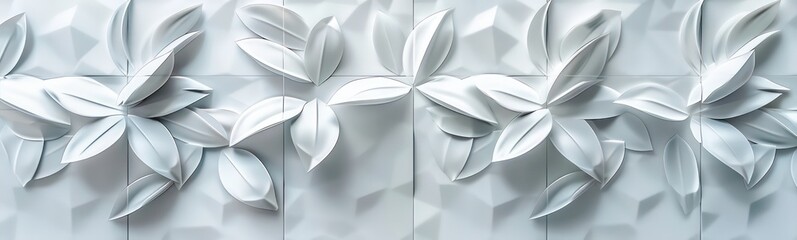 White geometric floral leaves 3d tiles wall texture background illustration banner panorama
