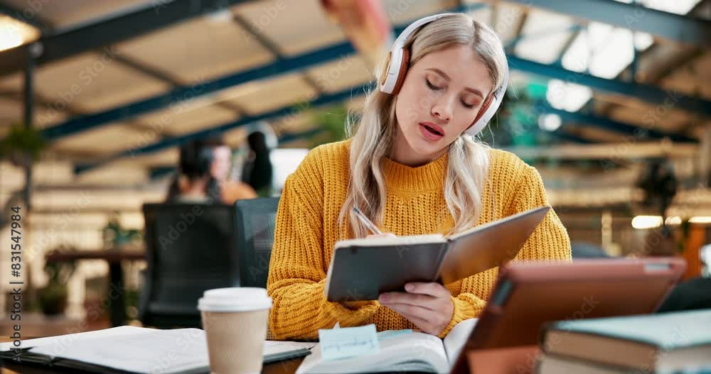 Aufkleber girl, thinking and student writing on campus, study and research for assignment or essay. woman, lea