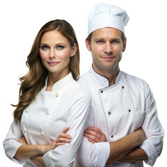 Two chefs in white uniforms pose confidently with arms folded